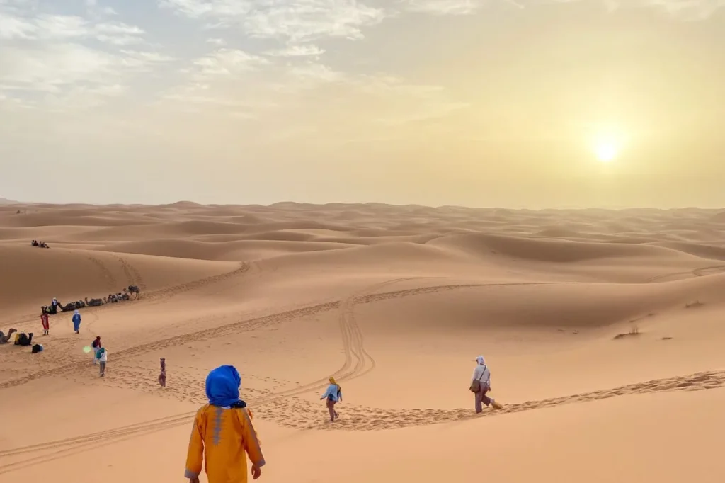 Sahara Desert dunes and camel caravan in Morocco